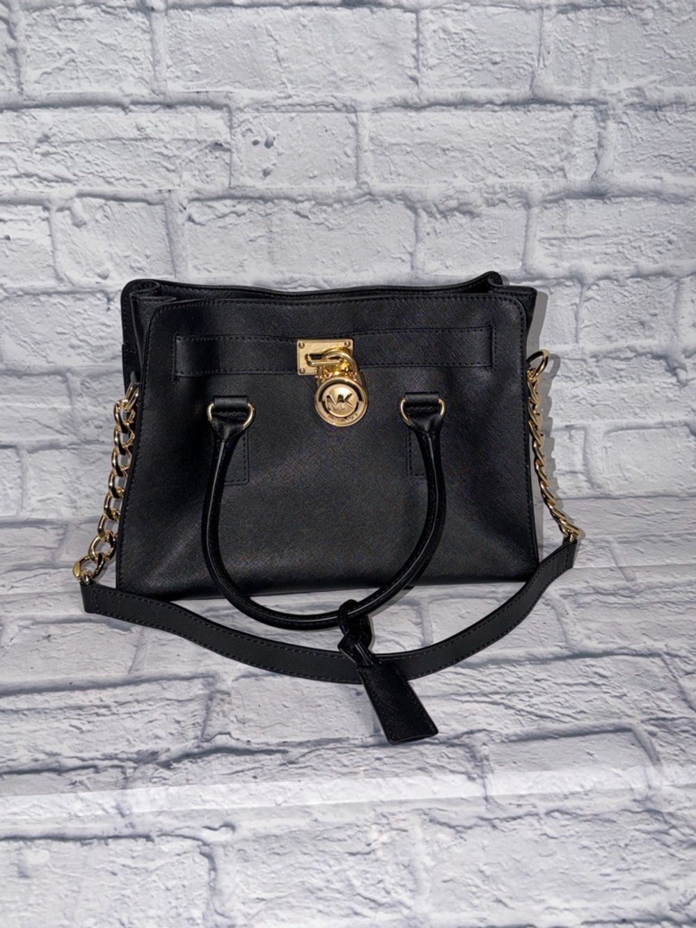 Michael Kors Black Leather Satchel with Gold-Tone Chain Detail